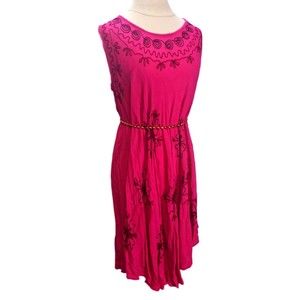 Vintage Pink Boho Rayon Sleeveless Dress w/ Floral Hibiscus Embroidery